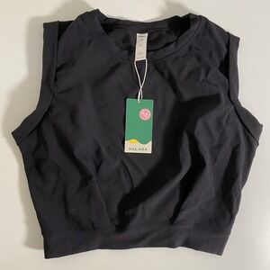 Halara Crew Neck Cropped Tank Top Womens Medium Black Yoga Ribbed Muscle NWT